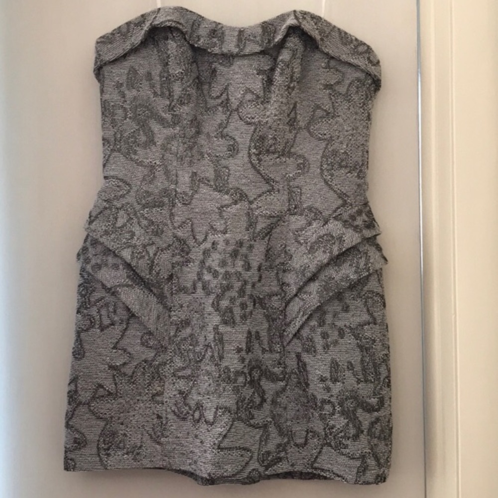ABS silver peplum brocade strapless dress